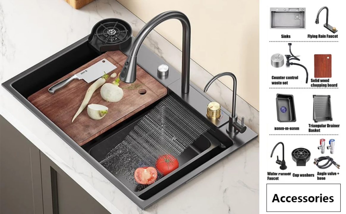 Évier manuel moderne en acier inoxydable 304 avec robinet multifonctionnel